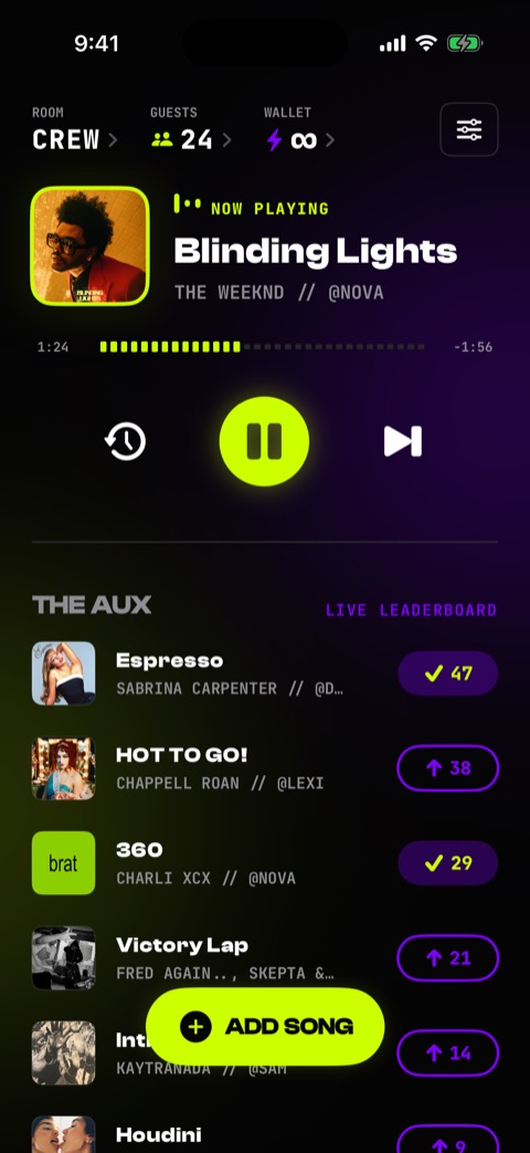 Host dashboard: now playing with pause and skip controls above the live leaderboard queue.
