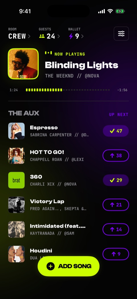 Guest view of a party: the up-next queue with vote buttons and an add song control.