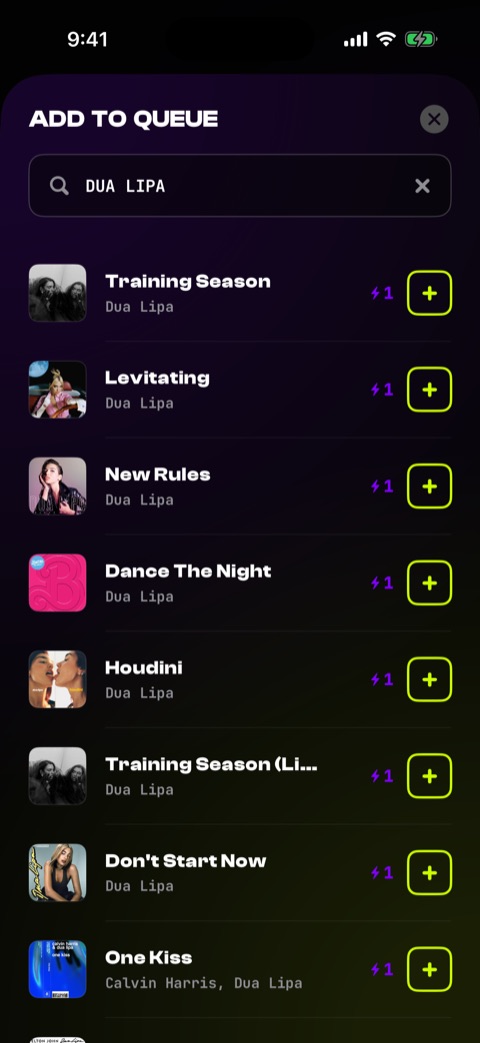 Search screen showing Apple Music catalog results with album artwork and add-to-queue buttons.