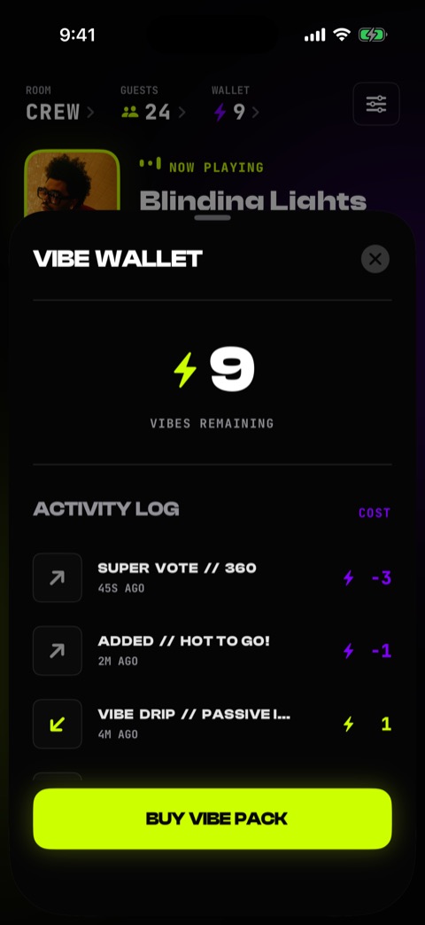 Vibe wallet showing the remaining balance and a log of recent transactions.