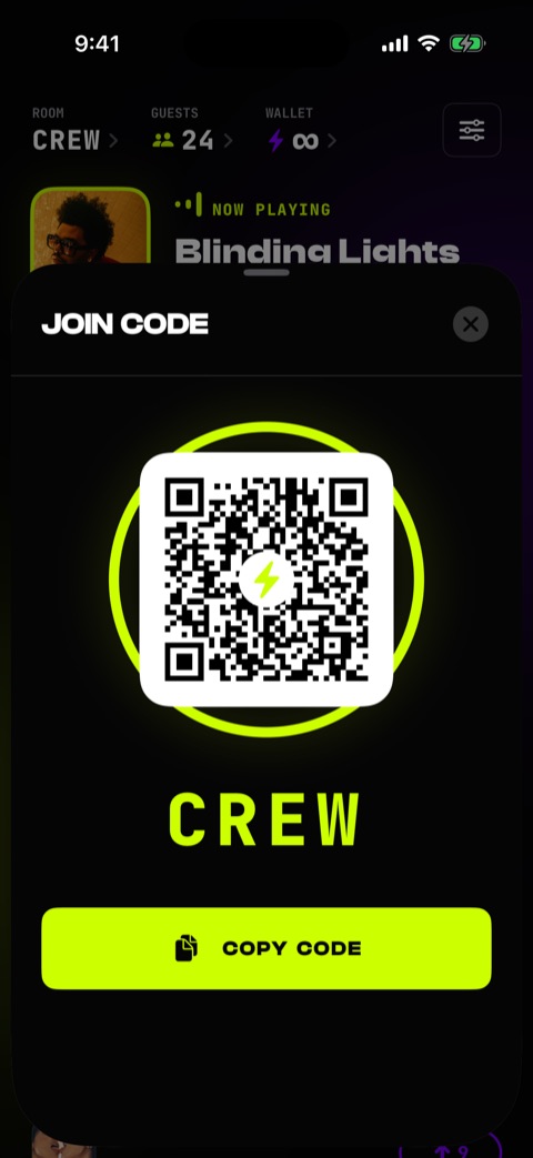 Join code screen with a branded QR code, the four character room code, and a copy button.